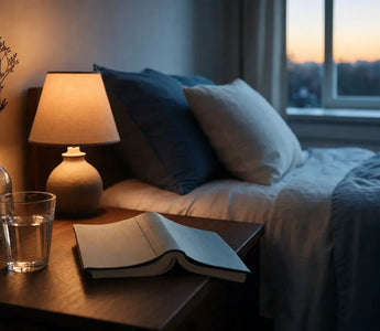 Magnesiumglycinat am Abend: Nachttisch mit Lampe, Buch und einem Glas Wasser