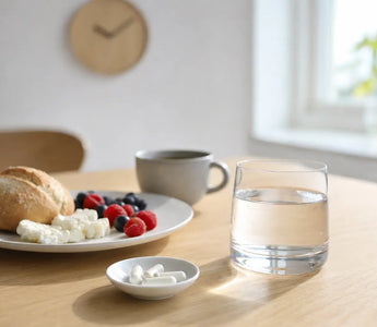 Wann Magnesium einnehmen: Glas Wasser, Kapseln und Frühstück im Morgenlicht