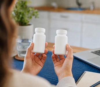 Welches Magnesium ist das beste: Person vergleicht zwei Präparate am Küchentisch